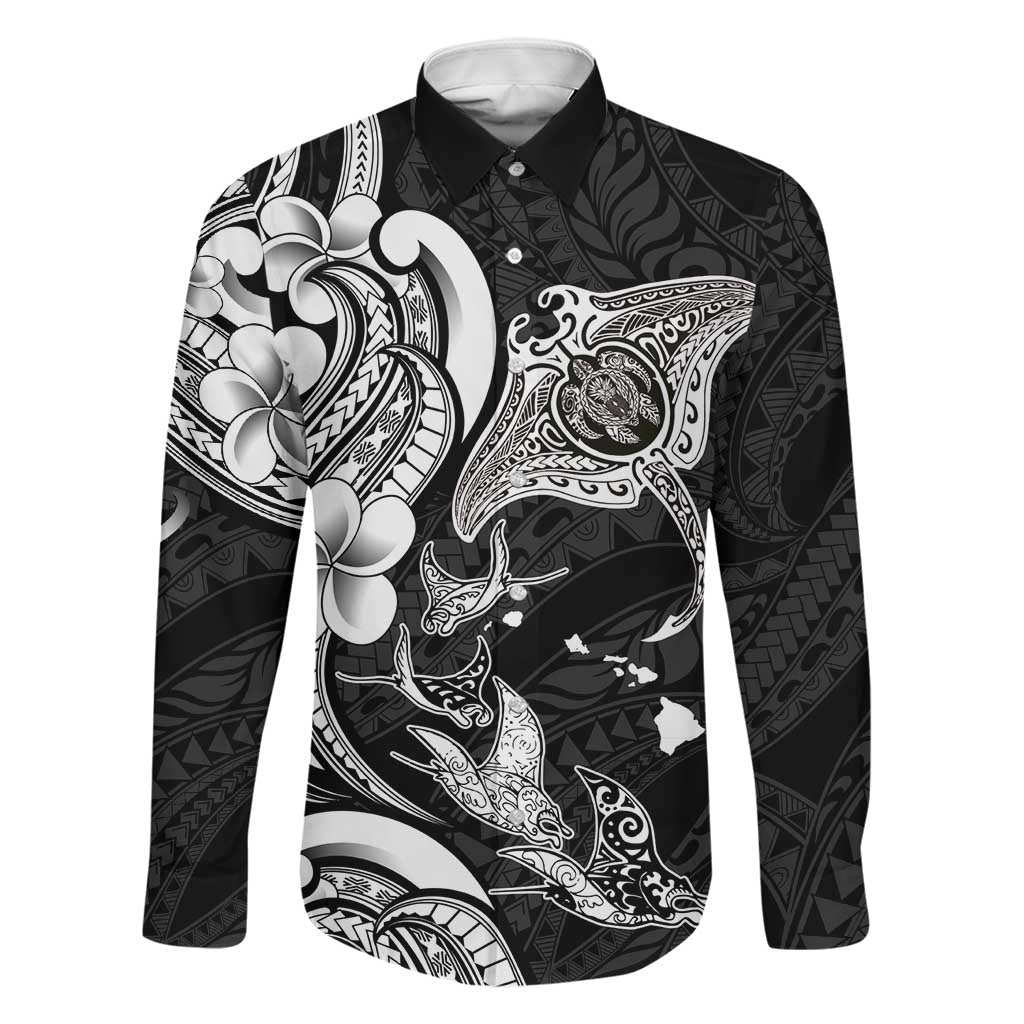 Hawaiian Manta Rays Family Matching Long Sleeve Bodycon Dress and Hawaiian Shirt Tribal Hibiscus Polynesian Tattoos Black Color LT03 Dad's Shirt - Long Sleeve Black - Polynesian Pride