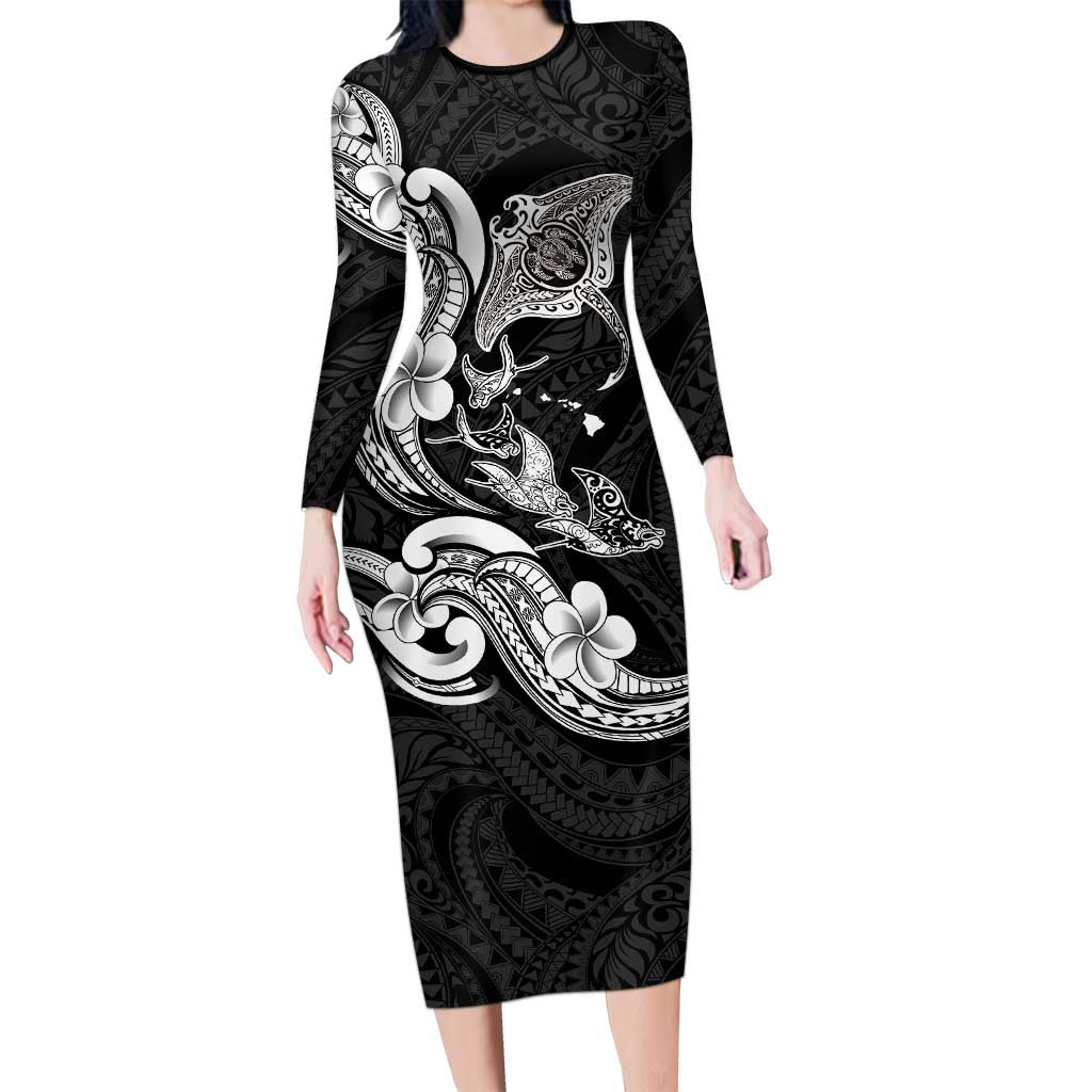 Hawaiian Manta Rays Family Matching Long Sleeve Bodycon Dress and Hawaiian Shirt Tribal Hibiscus Polynesian Tattoos Black Color LT03 Mom's Dress Black - Polynesian Pride