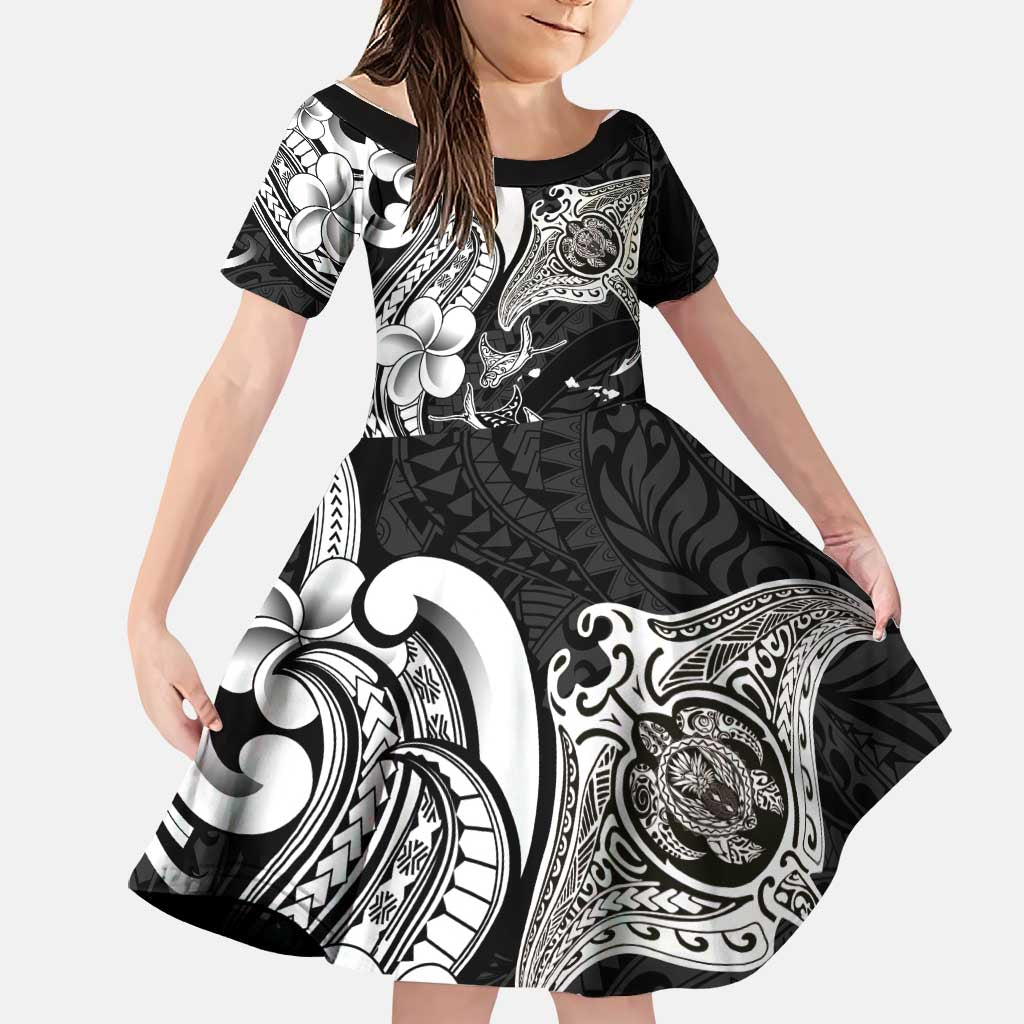 Hawaiian Manta Rays Family Matching Mermaid Dress and Hawaiian Shirt Tribal Hibiscus Polynesian Tattoos Black Color LT03 Daughter's Dress Black - Polynesian Pride