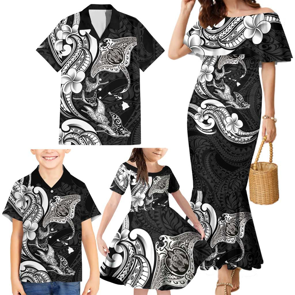 Hawaiian Manta Rays Family Matching Mermaid Dress and Hawaiian Shirt Tribal Hibiscus Polynesian Tattoos Black Color LT03 - Polynesian Pride