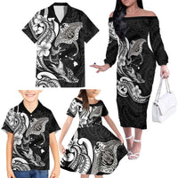 Hawaiian Manta Rays Family Matching Off The Shoulder Long Sleeve Dress and Hawaiian Shirt Tribal Hibiscus Polynesian Tattoos Black Color LT03 - Polynesian Pride