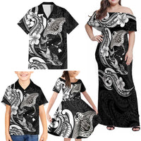 Hawaiian Manta Rays Family Matching Off Shoulder Maxi Dress and Hawaiian Shirt Tribal Hibiscus Polynesian Tattoos Black Color LT03 - Polynesian Pride