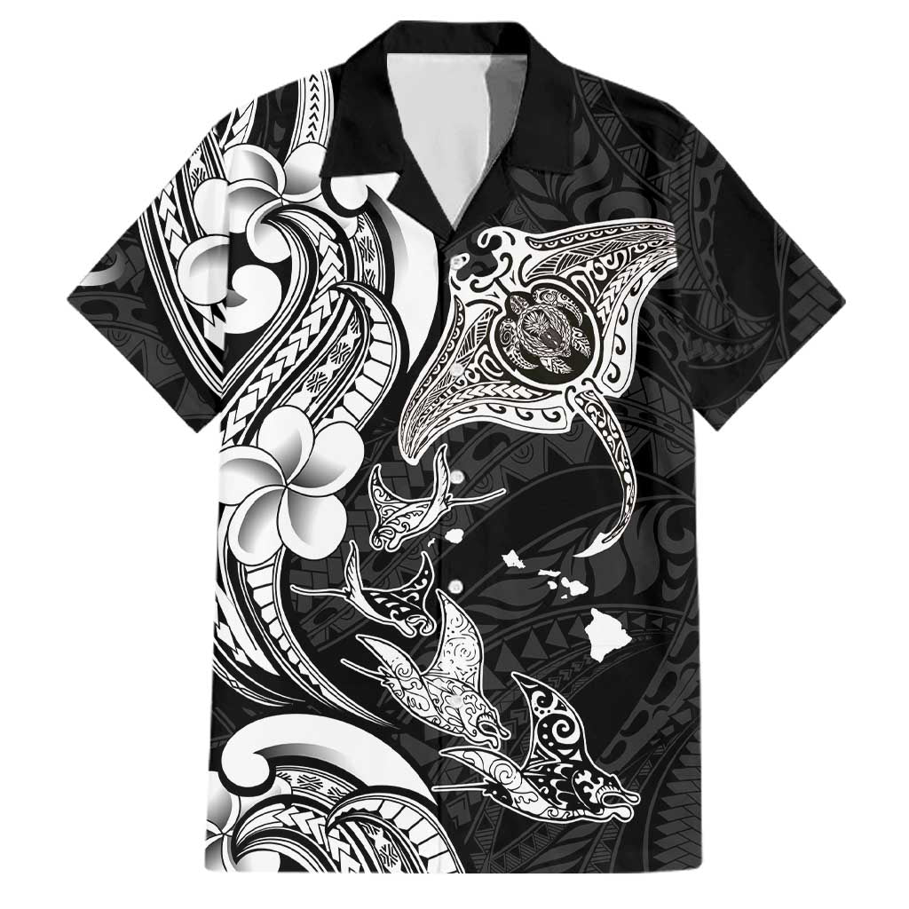 Hawaiian Manta Rays Family Matching Off Shoulder Maxi Dress and Hawaiian Shirt Tribal Hibiscus Polynesian Tattoos Black Color LT03 Dad's Shirt - Short Sleeve Black - Polynesian Pride