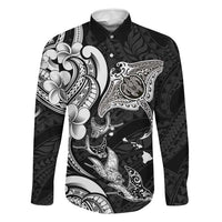 Hawaiian Manta Rays Family Matching Off Shoulder Maxi Dress and Hawaiian Shirt Tribal Hibiscus Polynesian Tattoos Black Color LT03 Dad's Shirt - Long Sleeve Black - Polynesian Pride