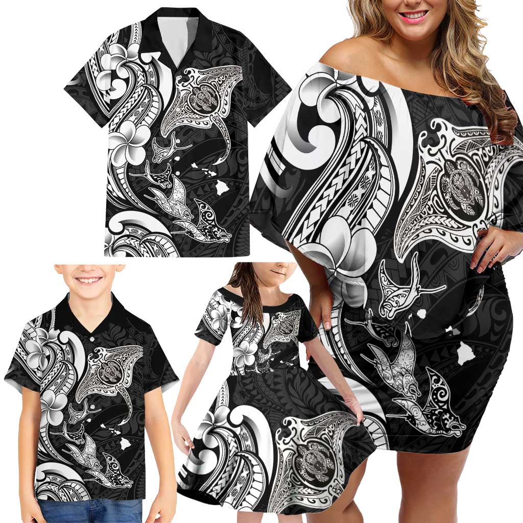Hawaiian Manta Rays Family Matching Off Shoulder Short Dress and Hawaiian Shirt Tribal Hibiscus Polynesian Tattoos Black Color - Polynesian Pride