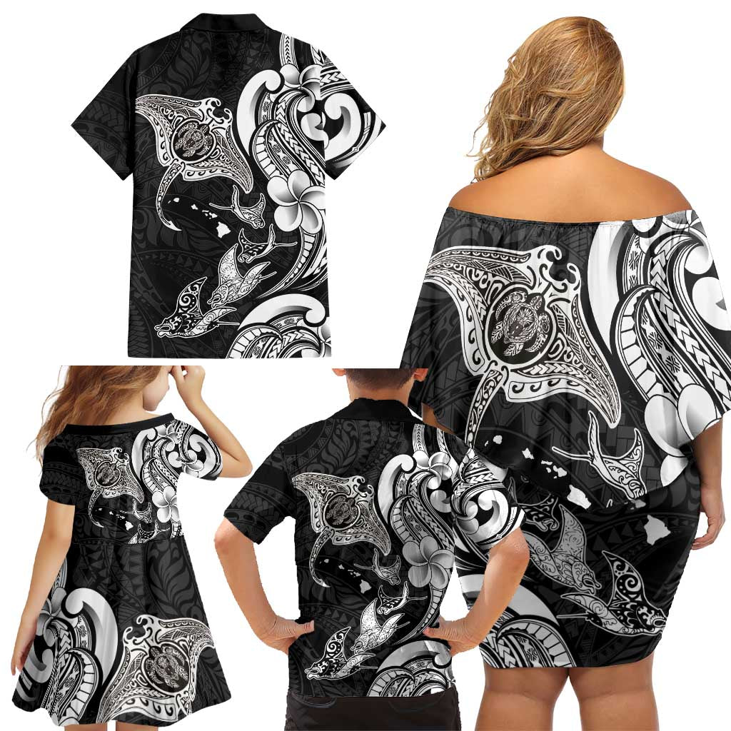 Hawaiian Manta Rays Family Matching Off Shoulder Short Dress and Hawaiian Shirt Tribal Hibiscus Polynesian Tattoos Black Color LT03 - Polynesian Pride