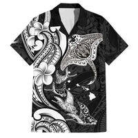 Hawaiian Manta Rays Family Matching Off Shoulder Short Dress and Hawaiian Shirt Tribal Hibiscus Polynesian Tattoos Black Color LT03 Dad's Shirt - Short Sleeve Black - Polynesian Pride