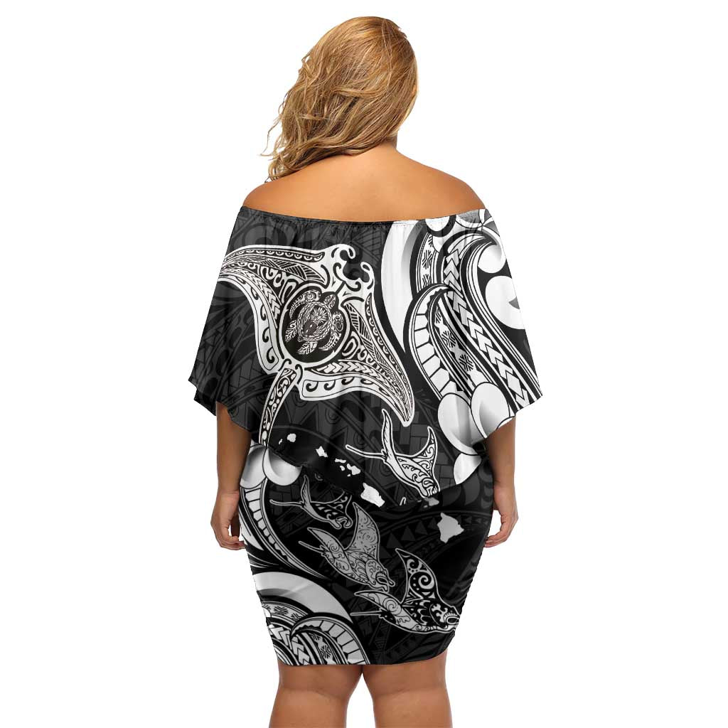 Hawaiian Manta Rays Family Matching Off Shoulder Short Dress and Hawaiian Shirt Tribal Hibiscus Polynesian Tattoos Black Color LT03 - Polynesian Pride