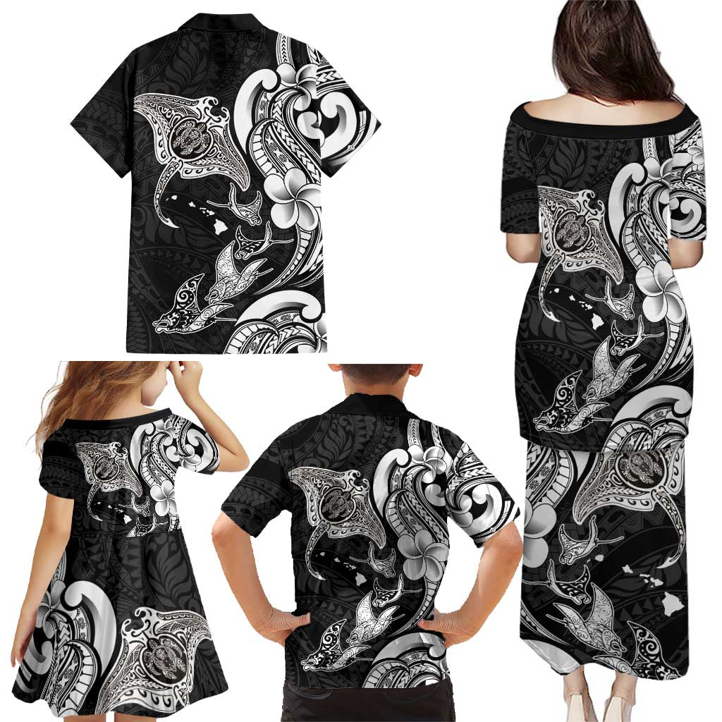 Hawaiian Manta Rays Family Matching Puletasi and Hawaiian Shirt Tribal Hibiscus Polynesian Tattoos Black Color LT03 - Polynesian Pride