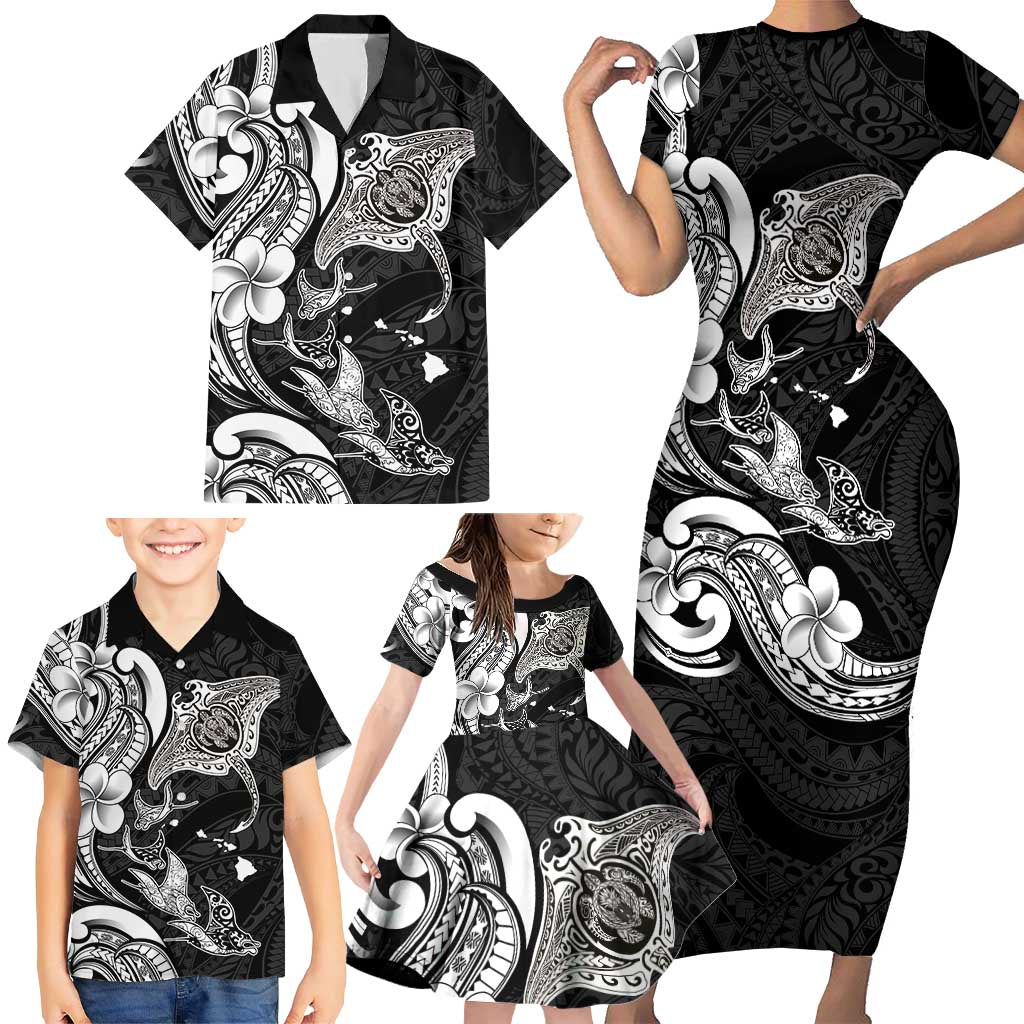 Hawaiian Manta Rays Family Matching Short Sleeve Bodycon Dress and Hawaiian Shirt Tribal Hibiscus Polynesian Tattoos Black Color LT03 - Polynesian Pride