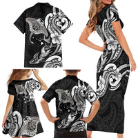 Hawaiian Manta Rays Family Matching Short Sleeve Bodycon Dress and Hawaiian Shirt Tribal Hibiscus Polynesian Tattoos Black Color LT03 - Polynesian Pride