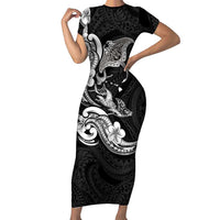 Hawaiian Manta Rays Family Matching Short Sleeve Bodycon Dress and Hawaiian Shirt Tribal Hibiscus Polynesian Tattoos Black Color LT03 Mom's Dress Black - Polynesian Pride