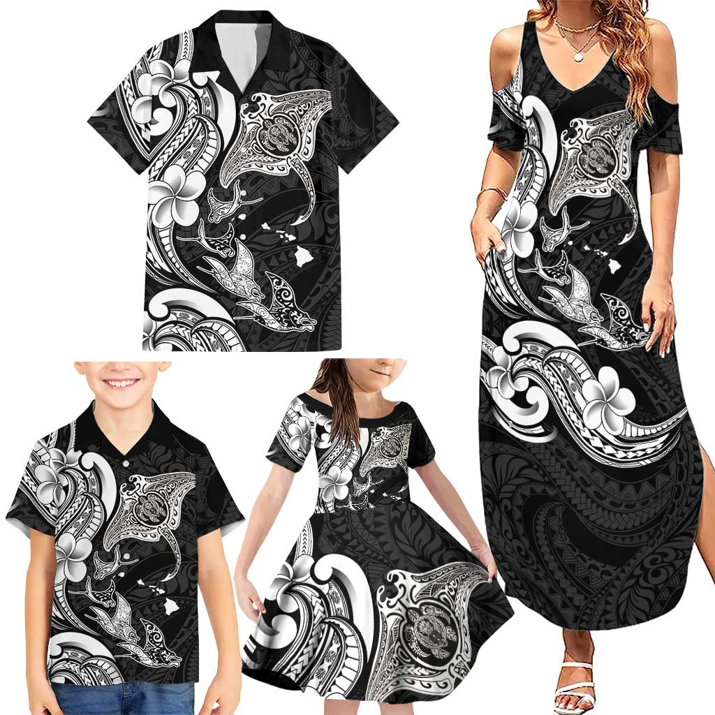 Hawaiian Manta Rays Family Matching Summer Maxi Dress and Hawaiian Shirt Tribal Hibiscus Polynesian Tattoos Black Color LT03 - Polynesian Pride