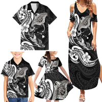 Hawaiian Manta Rays Family Matching Summer Maxi Dress and Hawaiian Shirt Tribal Hibiscus Polynesian Tattoos Black Color LT03 - Polynesian Pride