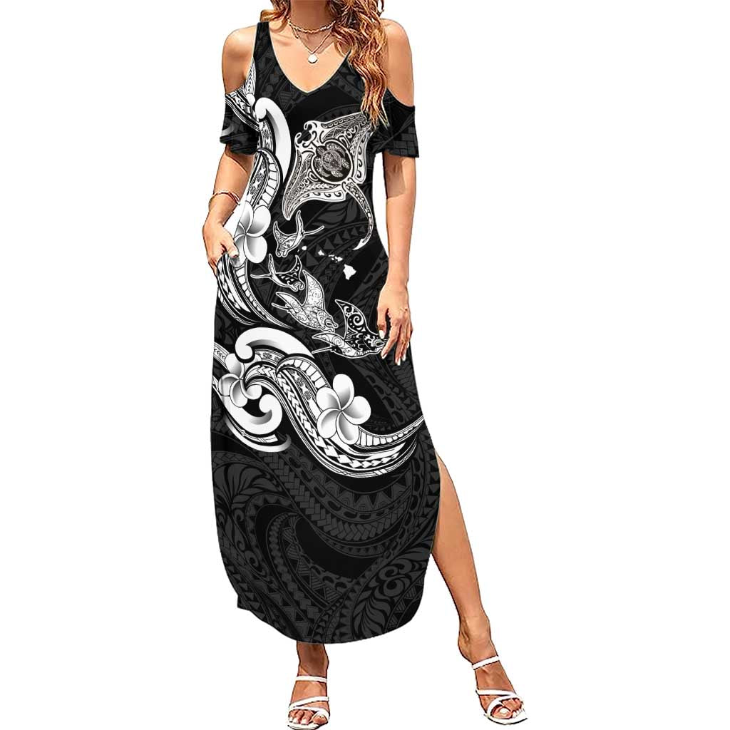 Hawaiian Manta Rays Family Matching Summer Maxi Dress and Hawaiian Shirt Tribal Hibiscus Polynesian Tattoos Black Color LT03 Mom's Dress Black - Polynesian Pride