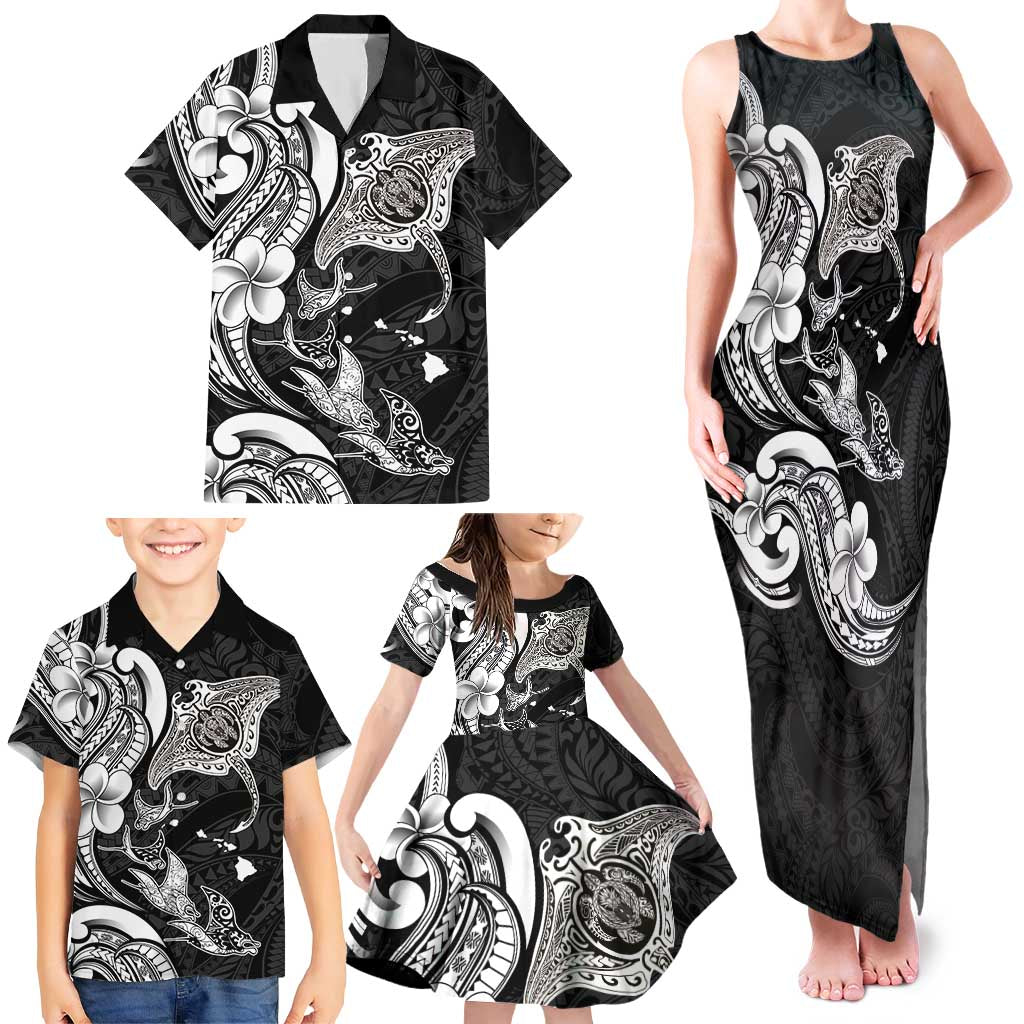 Hawaiian Manta Rays Family Matching Tank Maxi Dress and Hawaiian Shirt Tribal Hibiscus Polynesian Tattoos Black Color - Polynesian Pride