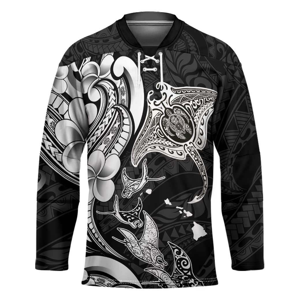 Hawaiian Manta Rays Hockey Jersey Tribal Hibiscus Polynesian Tattoos Black Color - Polynesian Pride