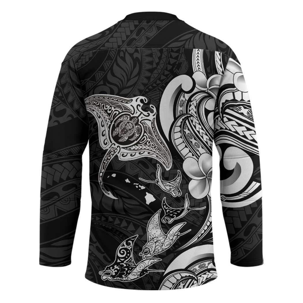 Hawaiian Manta Rays Hockey Jersey Tribal Hibiscus Polynesian Tattoos Black Color - Polynesian Pride