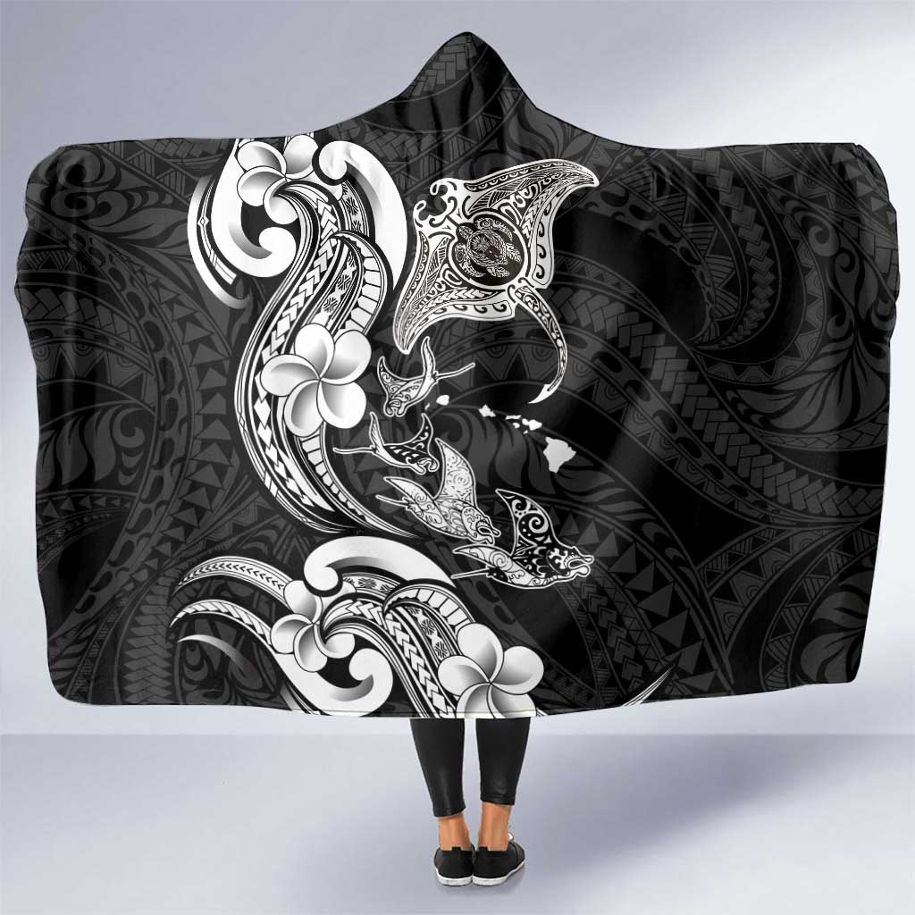 Hawaiian Manta Rays Hooded Blanket Tribal Hibiscus Polynesian Tattoos Black Color LT03 One Size Black - Polynesian Pride