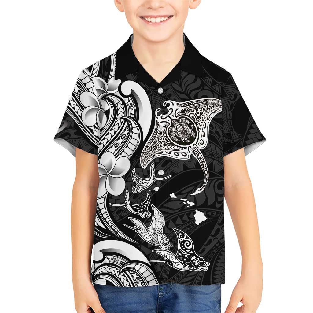 Hawaiian Manta Rays Kid Hawaiian Shirt Tribal Hibiscus Polynesian Tattoos Black Color - Polynesian Pride