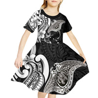 Hawaiian Manta Rays Kid Short Sleeve Dress Tribal Hibiscus Polynesian Tattoos Black Color - Polynesian Pride