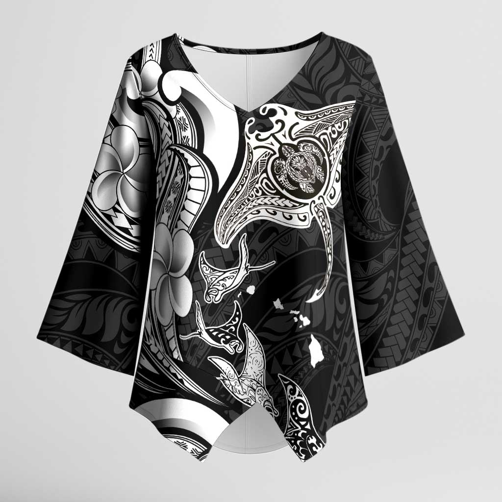 Hawaiian Manta Rays Kimono Sleeve Blouse Tribal Hibiscus Polynesian Tattoos Black Color LT03 Female Black - Polynesian Pride