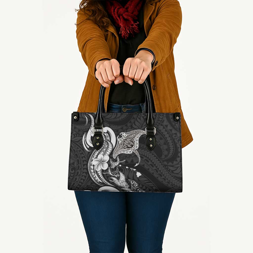 Hawaiian Manta Rays Leather Bag Tribal Hibiscus Polynesian Tattoos Black Color - Polynesian Pride