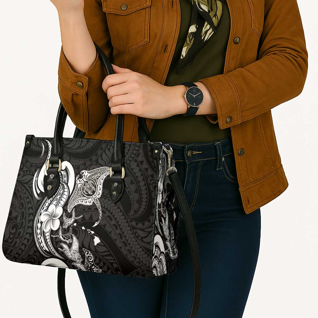 Hawaiian Manta Rays Leather Bag Tribal Hibiscus Polynesian Tattoos Black Color - Polynesian Pride