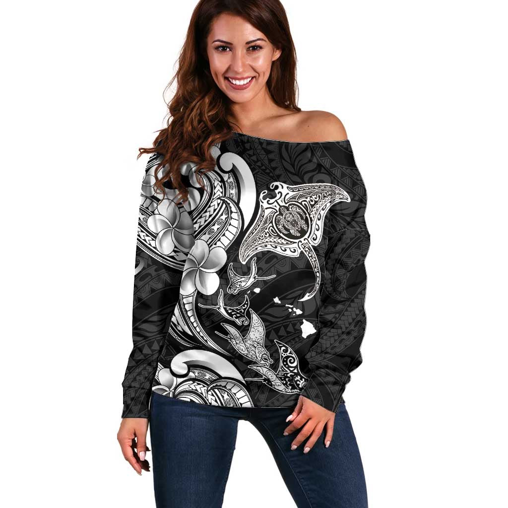 Hawaiian Manta Rays Off Shoulder Sweater Tribal Hibiscus Polynesian Tattoos Black Color LT03 Women Black - Polynesian Pride