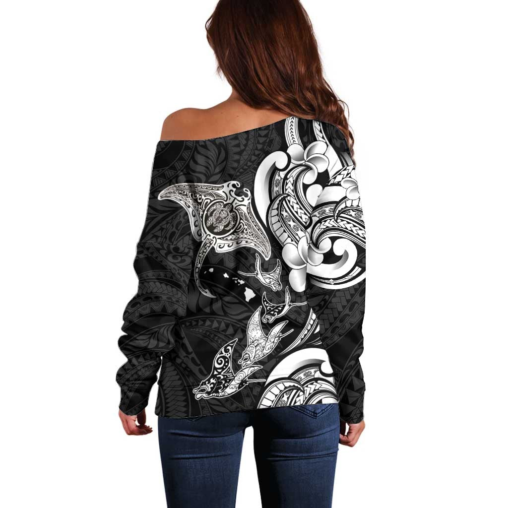Hawaiian Manta Rays Off Shoulder Sweater Tribal Hibiscus Polynesian Tattoos Black Color LT03 - Polynesian Pride