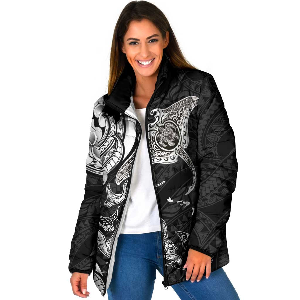 Hawaiian Manta Rays Padded Jacket Tribal Hibiscus Polynesian Tattoos Black Color - Polynesian Pride