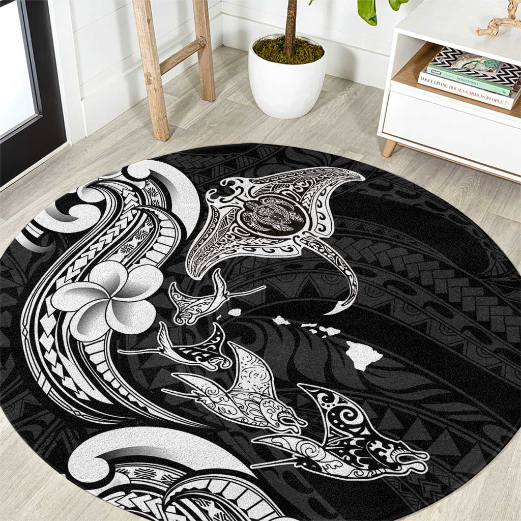 Hawaiian Manta Rays Round Carpet Tribal Hibiscus Polynesian Tattoos Black Color LT03 Black - Polynesian Pride