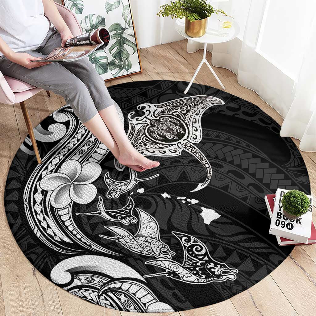 Hawaiian Manta Rays Round Carpet Tribal Hibiscus Polynesian Tattoos Black Color LT03 - Polynesian Pride