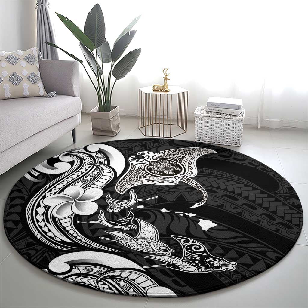 Hawaiian Manta Rays Round Carpet Tribal Hibiscus Polynesian Tattoos Black Color LT03 - Polynesian Pride