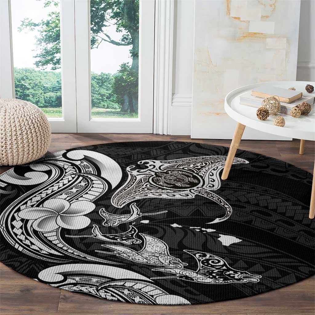 Hawaiian Manta Rays Round Carpet Tribal Hibiscus Polynesian Tattoos Black Color LT03 - Polynesian Pride