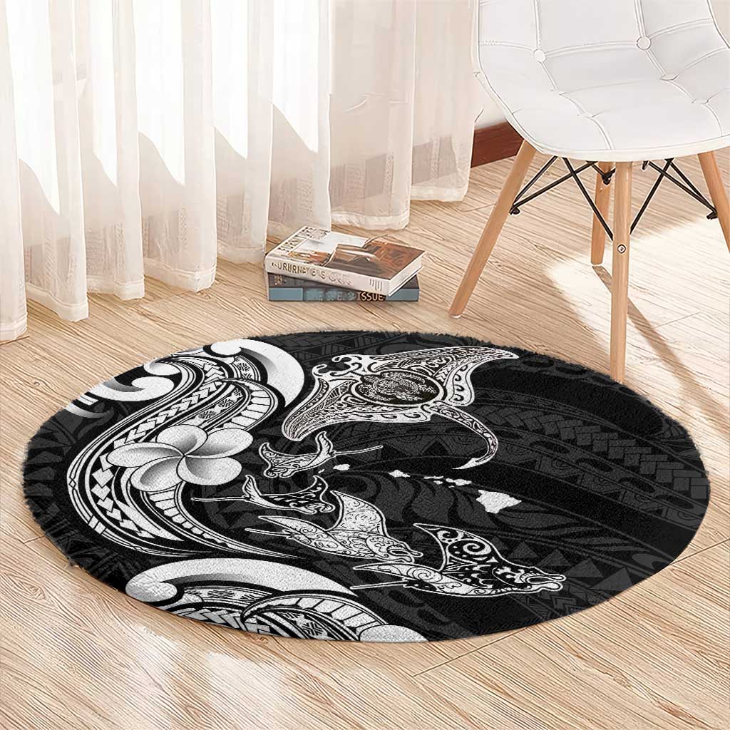 Hawaiian Manta Rays Round Carpet Tribal Hibiscus Polynesian Tattoos Black Color LT03 - Polynesian Pride
