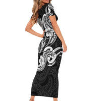 Hawaiian Manta Rays Short Sleeve Bodycon Dress Tribal Hibiscus Polynesian Tattoos Black Color - Polynesian Pride