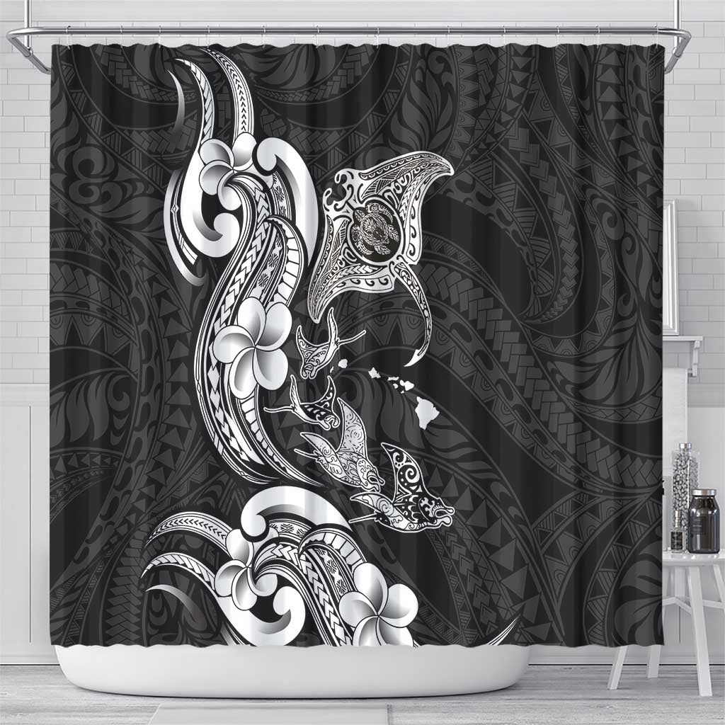 Hawaiian Manta Rays Shower Curtain Tribal Hibiscus Polynesian Tattoos Black Color LT03 - Polynesian Pride