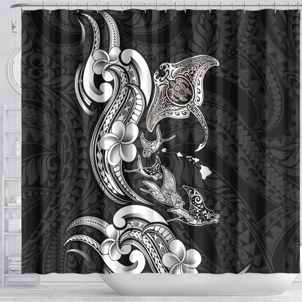 Hawaiian Manta Rays Shower Curtain Tribal Hibiscus Polynesian Tattoos Black Color LT03 - Polynesian Pride