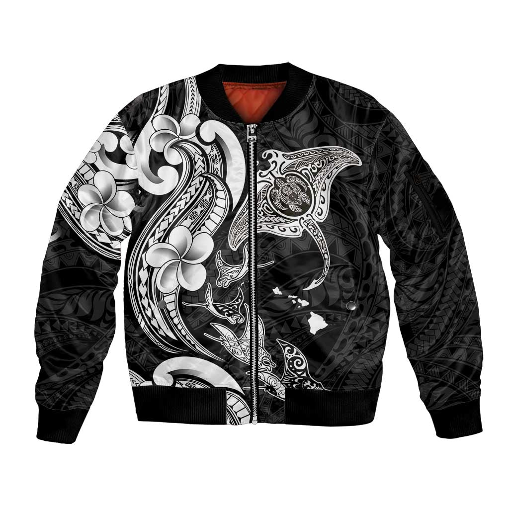 Hawaiian Manta Rays Sleeve Zip Bomber Jacket Tribal Hibiscus Polynesian Tattoos Black Color LT03 Unisex Black - Polynesian Pride