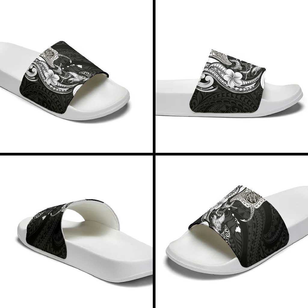 Hawaiian Manta Rays Slide Sandals Tribal Hibiscus Polynesian Tattoos Black Color - Polynesian Pride