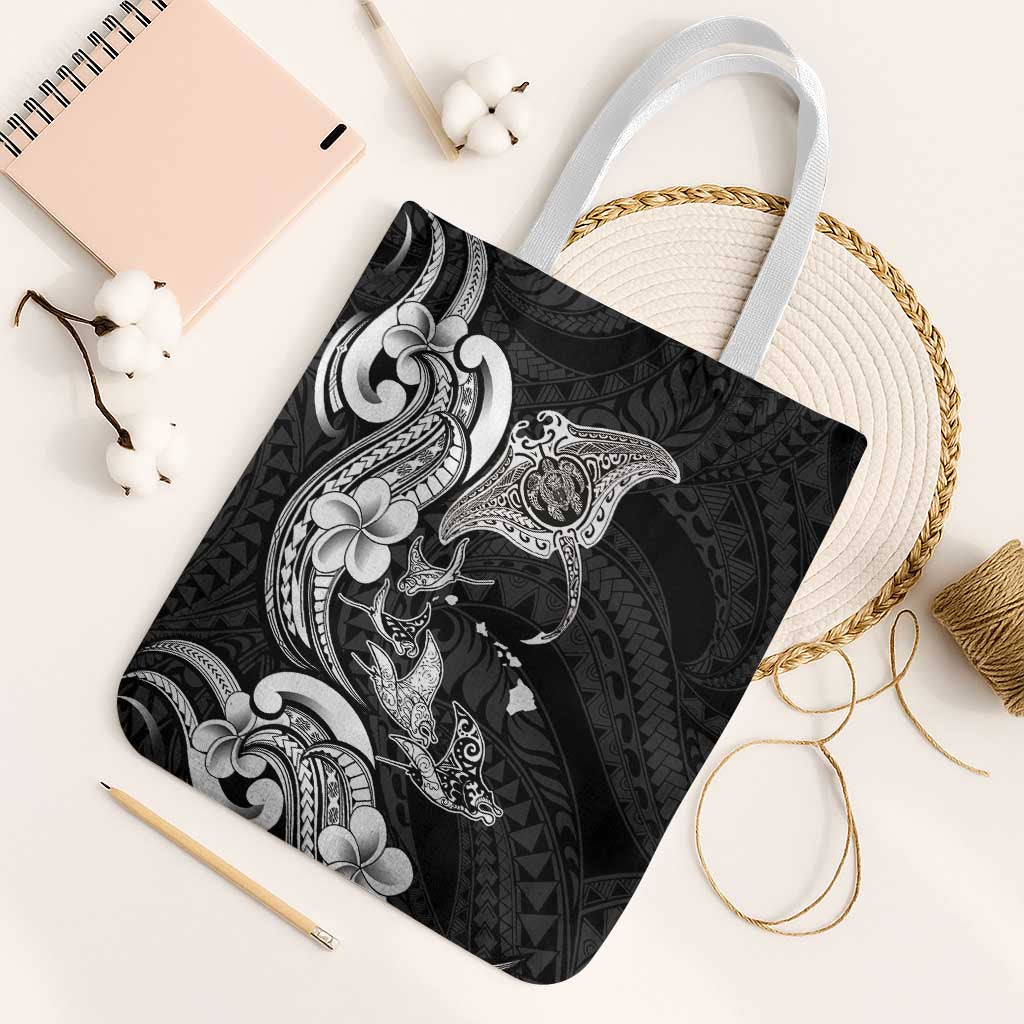 Hawaiian Manta Rays Tote Bag Tribal Hibiscus Polynesian Tattoos Black Color - Polynesian Pride