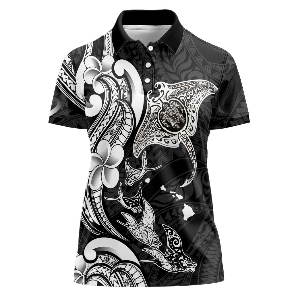 Hawaiian Manta Rays Women Polo Shirt Tribal Hibiscus Polynesian Tattoos Black Color - Polynesian Pride