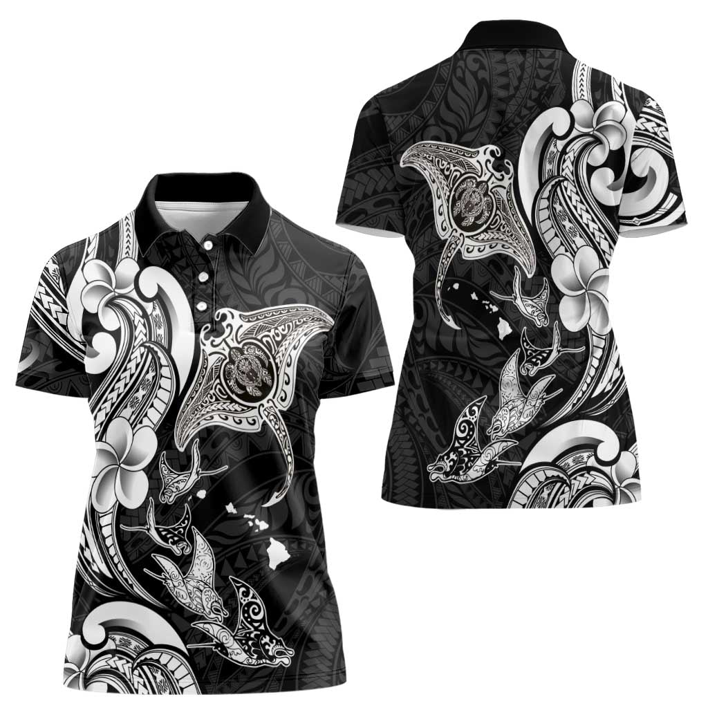 Hawaiian Manta Rays Women Polo Shirt Tribal Hibiscus Polynesian Tattoos Black Color - Polynesian Pride