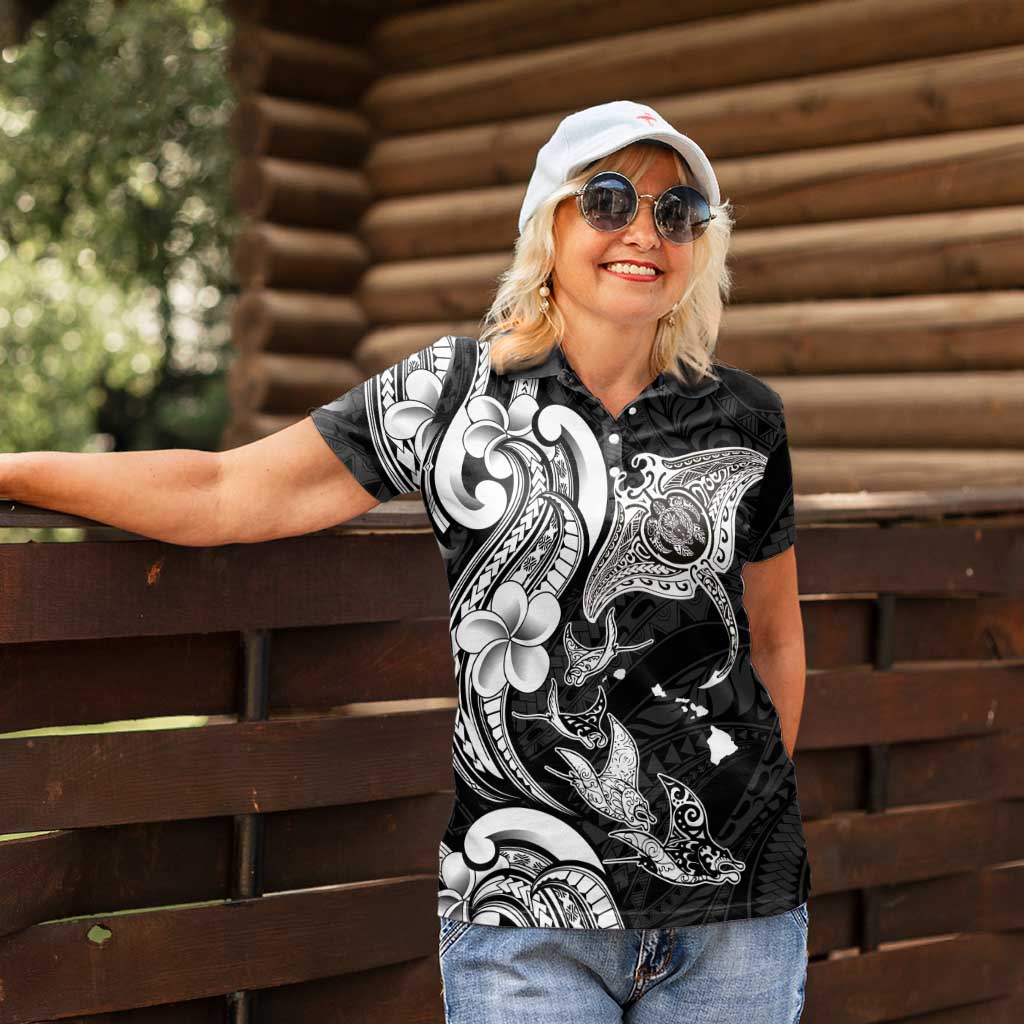Hawaiian Manta Rays Women Polo Shirt Tribal Hibiscus Polynesian Tattoos Black Color - Polynesian Pride