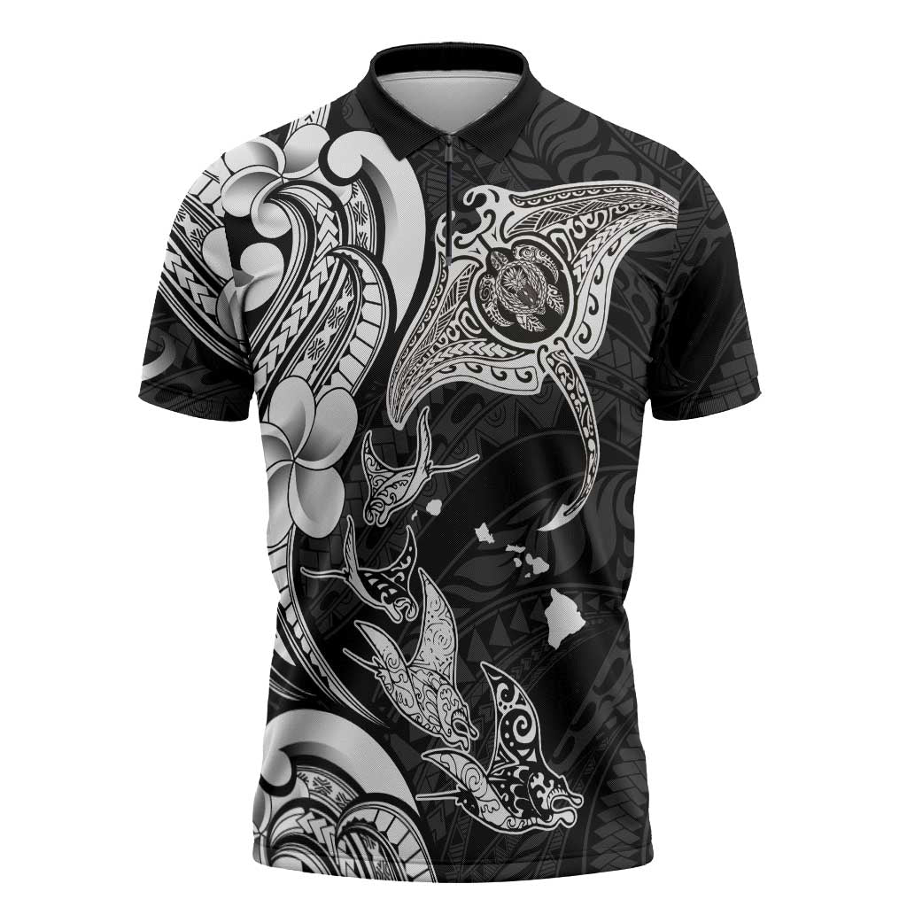 Hawaiian Manta Rays Zipper Polo Shirt Tribal Hibiscus Polynesian Tattoos Black Color - Polynesian Pride
