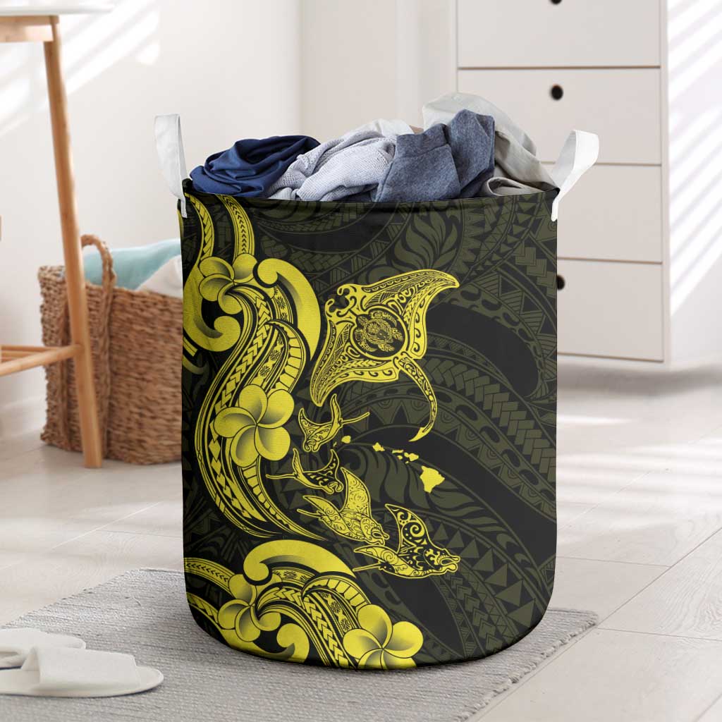 Hawaiian Manta Rays Laundry Basket Tribal Hibiscus Polynesian Tattoos Yellow Color - Polynesian Pride