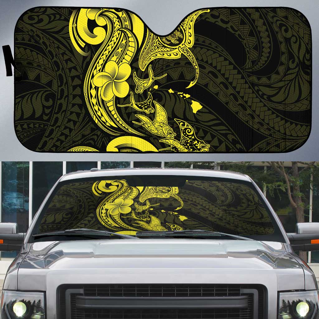 Hawaiian Manta Rays Auto Sun Shade Tribal Hibiscus Polynesian Tattoos Yellow Color LT03 Yellow - Polynesian Pride
