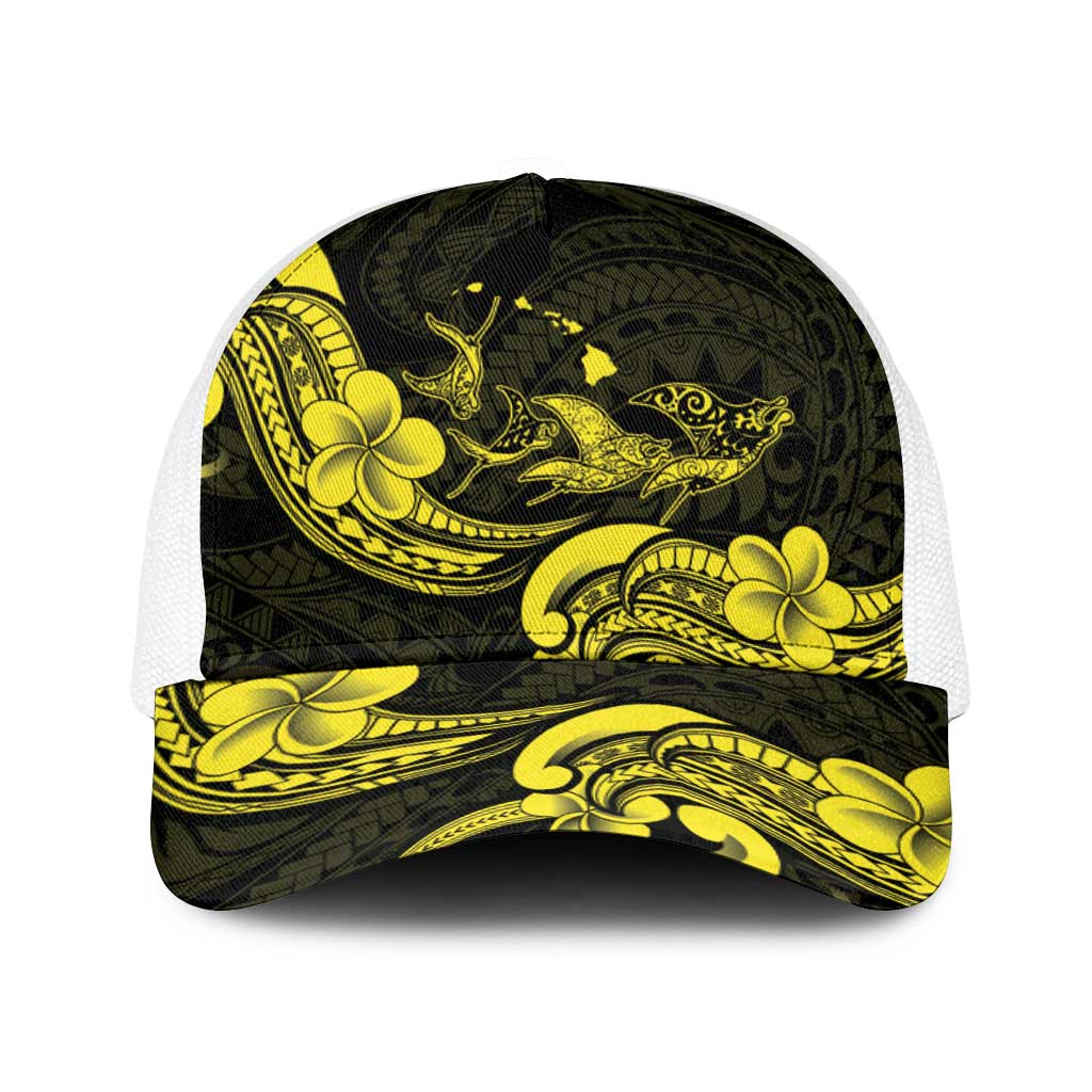 Hawaiian Manta Rays Baseball Net Cap Tribal Hibiscus Polynesian Tattoos Yellow Color - Polynesian Pride