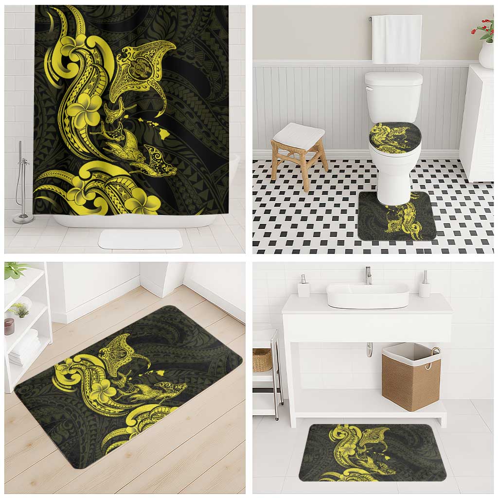 Hawaiian Manta Rays Bathroom Set Tribal Hibiscus Polynesian Tattoos Yellow Color LT03 - Polynesian Pride